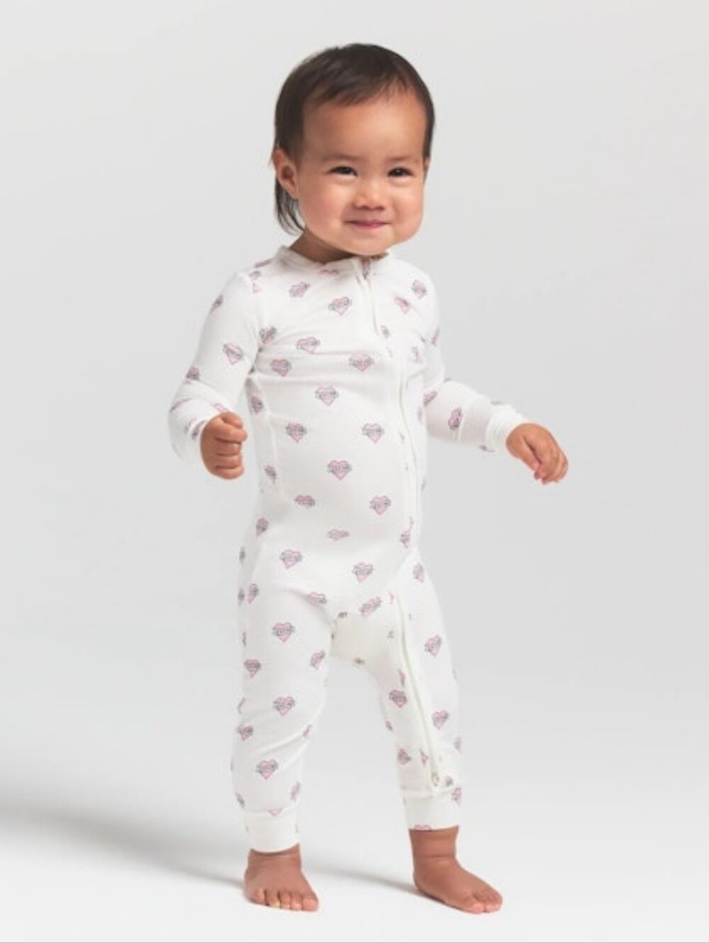 Skims Soft Modal White Double Zip-Front Kids One-Piece with Pink Heart Print NWT